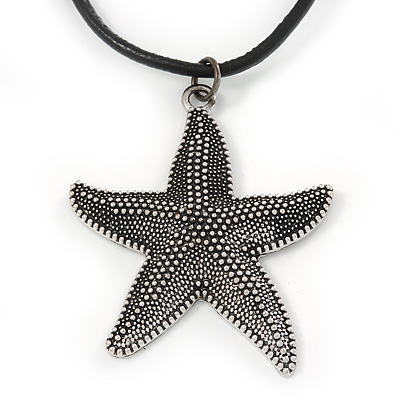 Antique Silver Large Textured Starfish Pendant with Thick Black Leather Cord - 45cm L/ 5cm Ext - main view
