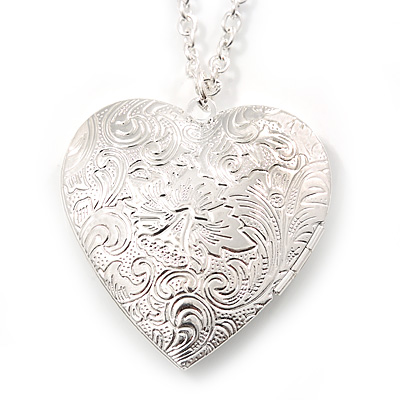 Large Hammered Heart Locket Pendant with Silver Tone Chain - 42cm L/ 5cm Ext - main view