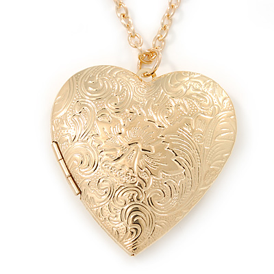 Large Hammered Heart Locket Pendant with Gold Tone Chain - 42cm L/ 5cm Ext - main view