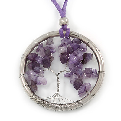 'Tree Of Life' Open Round Pendant with Amethyst Stones on Purple Suede Cord - 88cm L