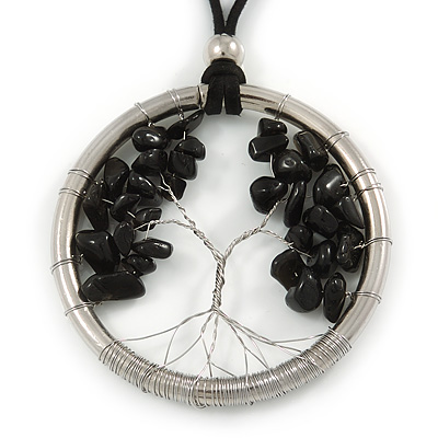 'Tree Of Life' Open Round Pendant with Black Semiprecious Stones on Black Suede Cord - 88cm L - main view