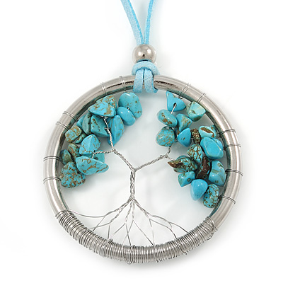 'Tree Of Life' Open Round Pendant with Turquoise Stones on Light Blue Suede Cord - 88cm L