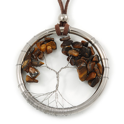 'Tree Of Life' Open Round Pendant with Tiger Eye Stones on Dark Brown Suede Cord - 88cm L