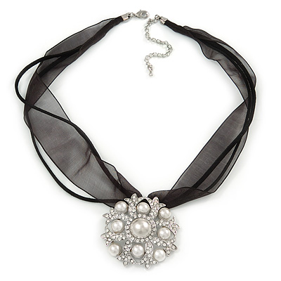 White Glass Pearl, Clear Crystal Flower Pendant With Black Organza Ribbon In Silver Tone - 44cm L/ 7cm Ext - main view