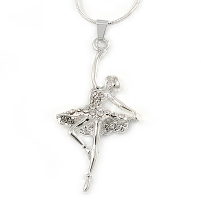 Clear Diamante Ballerina Pendant with Snake Style Chain In Silver Tone Metal - 44cm L/ 4cm Ext - main view