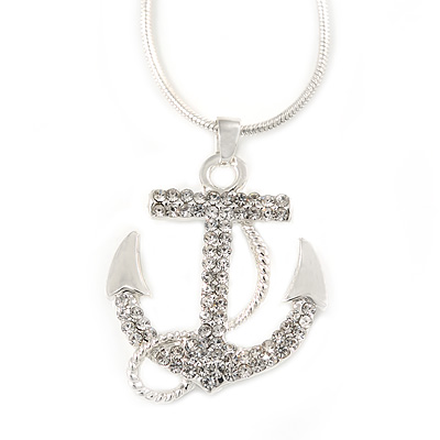 Clear Crystal Anchor Pendant with Snake Type Chain In Silver Tone Metal - 46cm L/ 4cm Ext - main view