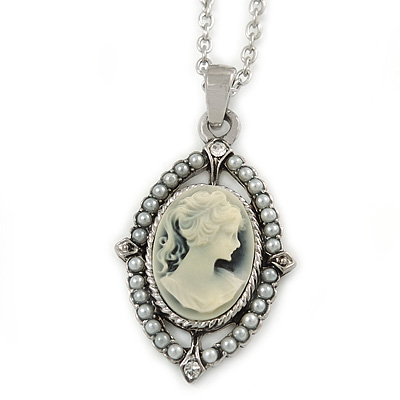 Vintage Inspired Simulated Pearl Cameo Pendant with Silver Tone Chain - 40cm L/ 7cm Ext - main view