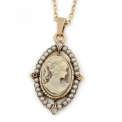 Vintage Inspired Simulated Pearl Cameo Pendant with Gold Tone Chain - 40cm L/ 7cm Ext
