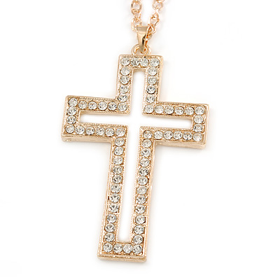 Large Crystal Cross Pendant with Chunky Chain In Gold Tone Metal - 72cm L - main view