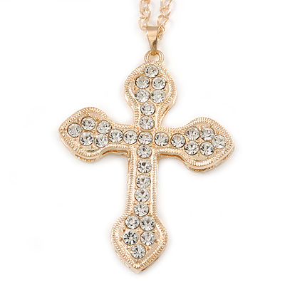 Clear Crystal 'Vaticana' Statement Cross Pendant and Long Chain (Gold Plating) - 72cm L - main view