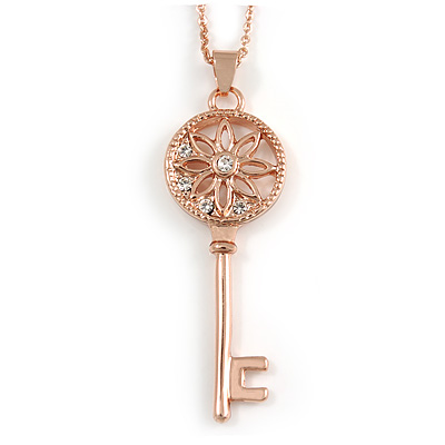 Stylish Crystal Key Pendant with Rose Gold Tone Chain - 39cm L/ 5cm Ext