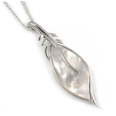 Delicate Mother Of Pearl Leaf Pendant with Silver Tone Chain - 40cm L/ 5cm Ext