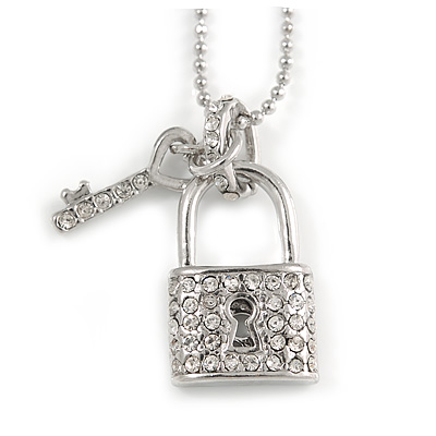Small Lock and Key Pendant with Beaded Chain In Rhodium Plated Metal - 40cm L/ 5cm Ext
