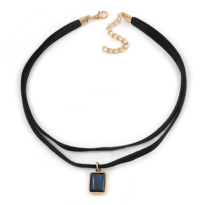 Black Double Black Faux Suede Cord Choker Necklace with Midnight Blue Square Glass Bead Pendant - 33cm L/ 5cm Ext - main view