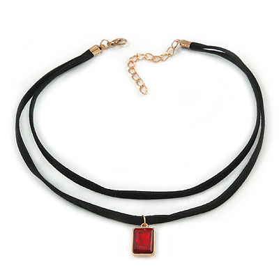 Black Double Black Faux Suede Cord Choker Necklace with Red Square Glass Bead Pendant - 33cm L/ 5cm Ext - main view