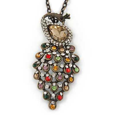 Vintage Inspired Multicoloured Crystal Peacock Pendant with Chain In Bronze Tone - 72cm L/ 6cm Ext - main view