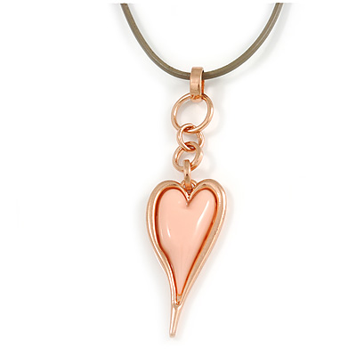 Pink Resin Contemporary Rose Gold Tone Heart Pendant with Grey Leather Cord - 76cm L/ 5cm Ext - main view
