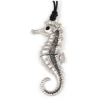 Oversized Silver Tone Seahorse Pendant with Black Leather Cord - 70cm L/ 5cm Ext - main view