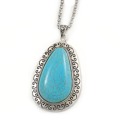 Large Teardrop Shape Turquoise Stone Medallion with Long Thick Silver Tone Chain - 66cm L/ 4cm Ext - main view