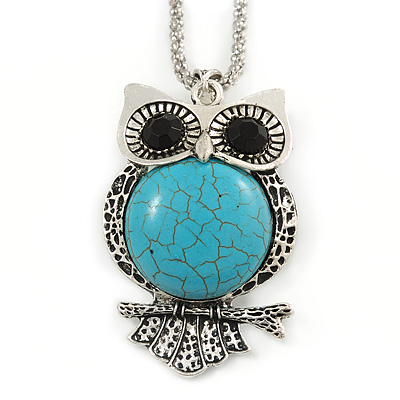 Vintage Inspired Turquoise Style Stone Owl Pendant with Thick Long Chain In Silver Tone - 66cm L/ 3cm Ext - main view