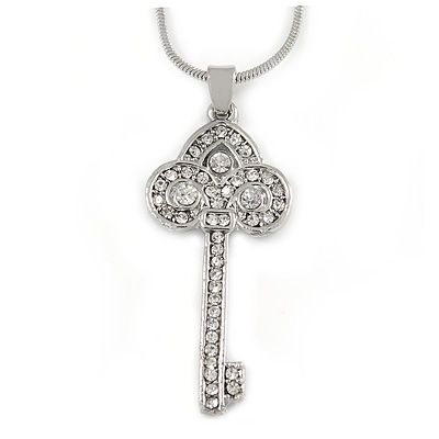 Clear Crystal Key Pendant with Silver Tone Snake Style Chain - 40cm L/ 5cm Ext - main view