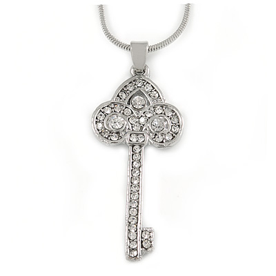 Clear Crystal Key Pendant with Silver Tone Snake Style Chain - 40cm L/ 5cm Ext