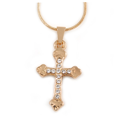 Small Clear Crystal Cross Pendant with Gold Tone Snake Type Chain - 44cm L/ 4cm Ext - main view