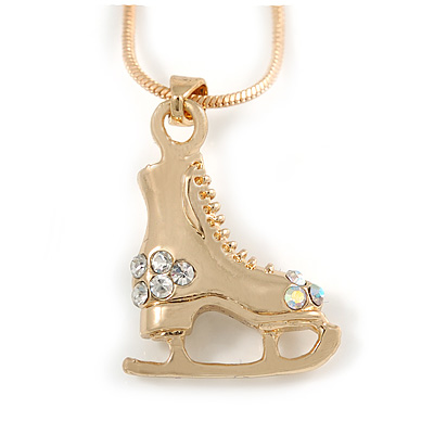 Small Crystal Ice Skating Boot Pendant with Snake Type Chain In Gold Tone - 40cm L/ 4cm Ext - main view