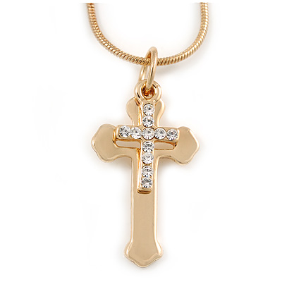 Gold Tone Crystal Double Cross Pendant with Snake Type Chain - 44cm L/ 5cm Ext - main view