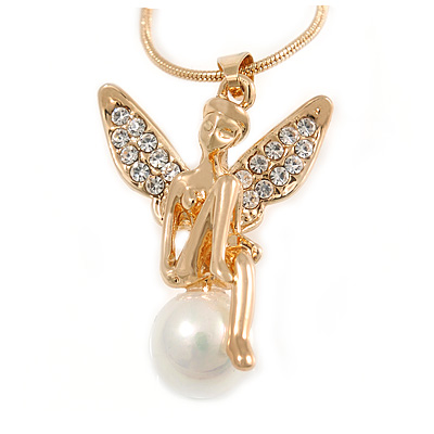 Diamante/ Simulated Pearl 'Fairy' Pendant with Snake Style Chain In Gold Plated Metal - 44cm L/ 4cm Ext