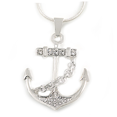 Crystal Anchor Pendant with Silver Tone Snake Style Chain - 44cm L/ 4cm Ext - main view