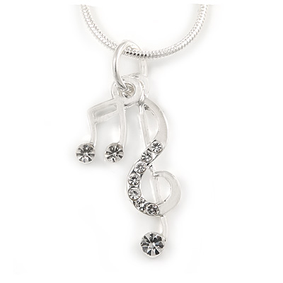 Small Crystal 'Musical Notes' Pendant with Silver Tone Snake Type Chain - 45cm L/ 4cm Ext