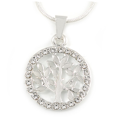 Silver Tone Small Crystal Tree Of Life Round Pendant with Snake Type Chain - 44cm L/ 4cm Ext - main view