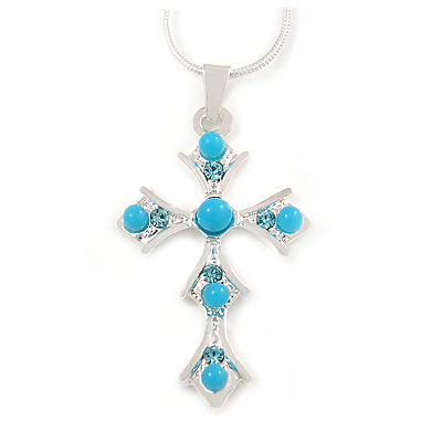 Light Blue Bead, Crystal Cross Pendant with Silver Tone Snake Type Chain - 44cm L/ 4cm Ext - main view