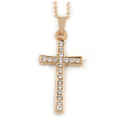 Clear Crystal Cross Pendant with Gold Tone Chain - 44cm L/ 5cm Ext