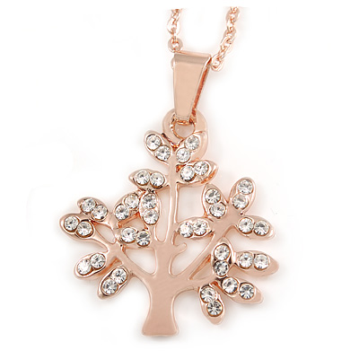 Small Crystal 'Tree Of Life' Pendant with Rose Gold Tone Chain - 44cm L/ 4cm Ext - main view