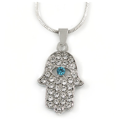 Crystal Hamsa Hand Pendant with Silver Tone Snake Type Chain - 40cm L/ 5cm Ext - main view