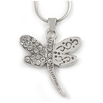 Delicate Crystal Drafonfly Pendant with Snake Type Chain In Silver Tone - 40cm L/ 5cm Ext - main view