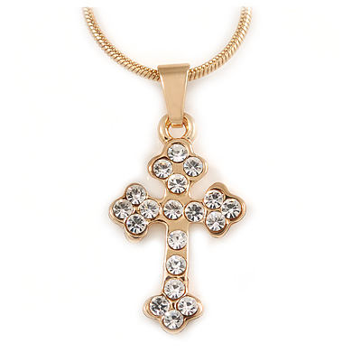 Small Clear Crystal Cross Pendant with Gold Tone Snake Type Chain - 44cm L/ 4cm Ext - main view
