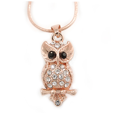 Clear/ Black Crystal Owl Pendant with Snake Type Chain In Rose Gold Tone Metal - 44cm L/ 4cm - main view