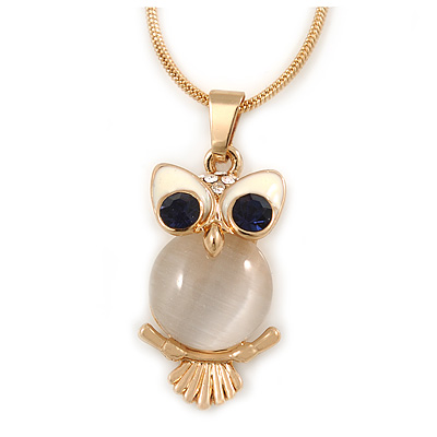 Cute Crystal Owl Pendant with Snake Type Chain In Gold Tone Metal - 44cm L/ 4cm - main view