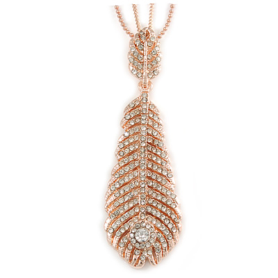 Crystal Feather Pendant with Long Double Chain In Rose Gold Tone - 80cm L - main view