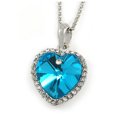 Romantic Sky Blue/ Clear Crystal Heart Pendant with Silver Tone Chain - 41cm L/ 4cm Ext - main view