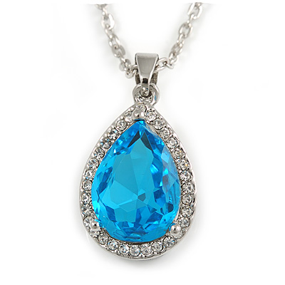 Sky Blue/ Clear Crystal Teardrop Pendant with Silver Tone Chain - 42cm L/ 5cm Ext - main view