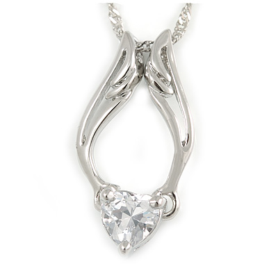 Delicate Clear CZ Heart Stone with Wings Pendant with Silver Tone Chain - 42cm L/ 5cm Ext