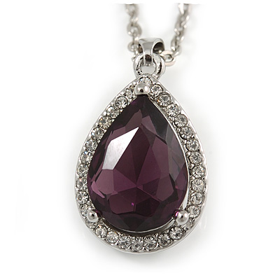 Amethyst/ Clear Crystal Teardrop Pendant with Silver Tone Chain - 42cm L/ 5cm Ext - main view