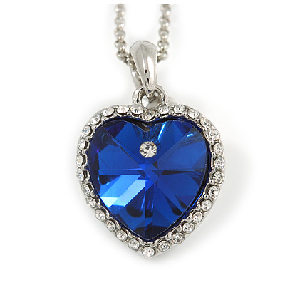 Romantic Royal Blue/ Clear Crystal Heart Pendant with Silver Tone Chain - 41cm L/ 4cm Ext - main view