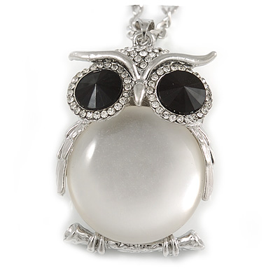 Large Crystal Owl Pendant with Chunky Chain In Silver Tone - 70cm L - main view