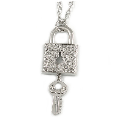 Statement Crystal Lock and Key Pendant with Chunky Long Chain In Silver Tone - 68cm Long - main view