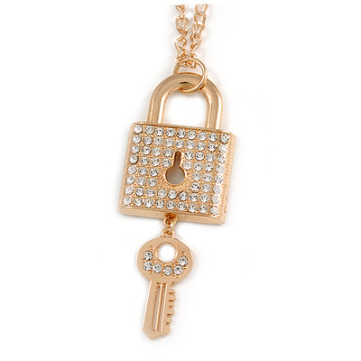 Statement Crystal Lock and Key Pendant with Chunky Long Chain In Gold Tone - 68cm - main view